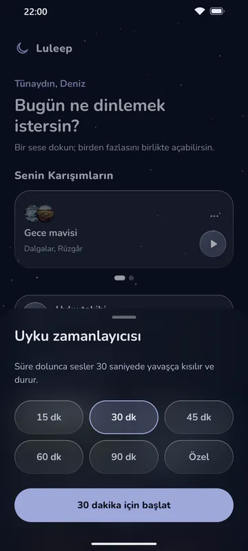 Luleep uyku zamanlayıcısı: 15 ile 90 dakika arası seçenekler, özel süre ve başlat düğmesi