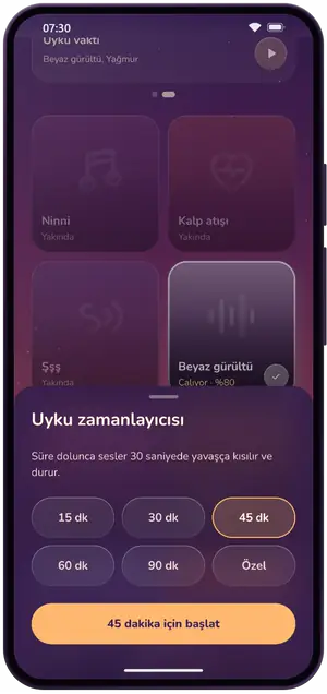 15–90 dakikalık hazır sürelerle uyku zamanlayıcısı